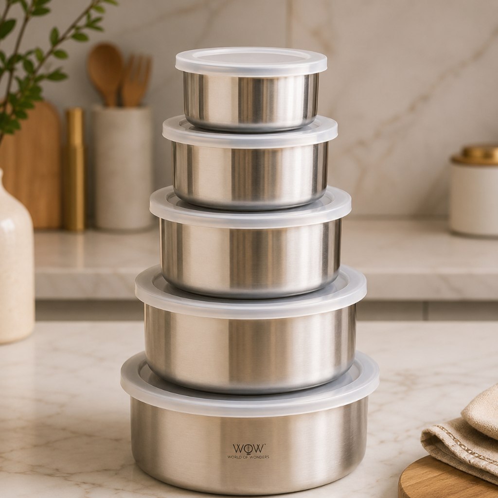 *🆘SÃO 5 POTES 😮 POTES DE INOX CONJUNTO MULTIUSO 5 ANDARES COM TAMPA*