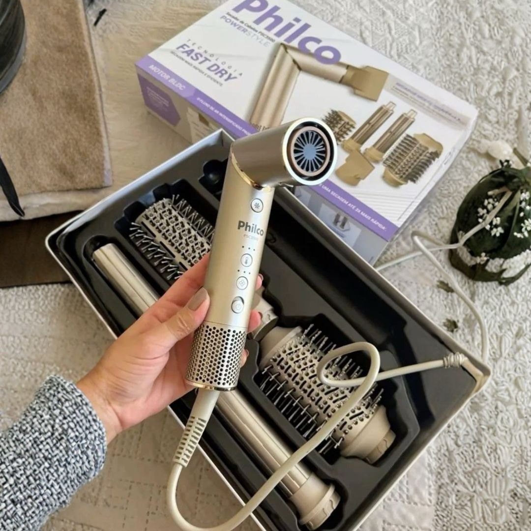Secador de Cabelo Philco PSC3500 4 em 1 Dobrável Portátil com Escovas e Cacheadores para Viagem