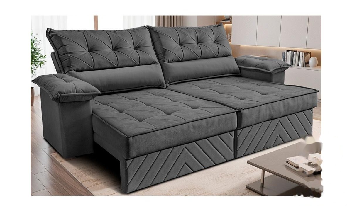 ⚠️ SOFÁ RETRÁTIL E RECLINÁVEL 2,40M COM MOLAS E ESPUMA D33 THUNDER VELUSOFT CINZA CAMA INBOX