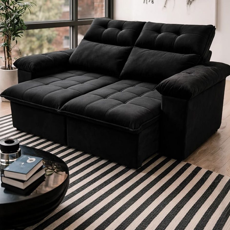 Sofá Retrátil Reclinável Verona 1,80m Preto Molas No Assento - King House