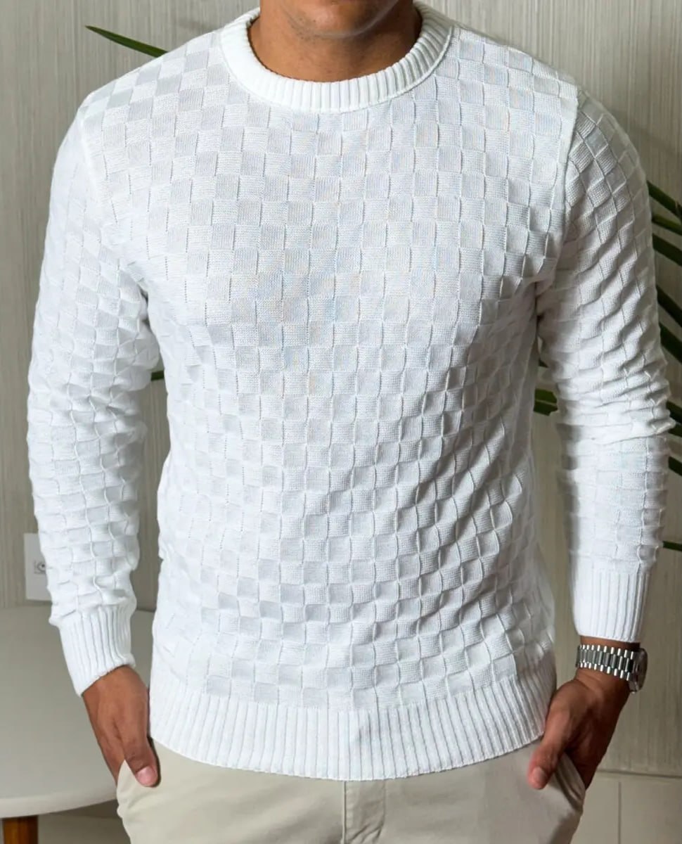 Suéter Masculino Lã Tricot Manga Longa Xadrez Blusa De Frio