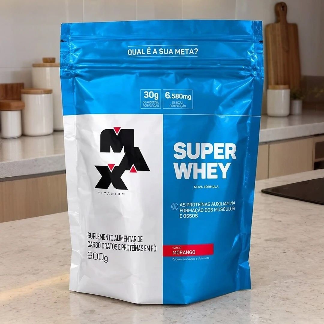 Super Whey Protein Refil 900g Max Titanium Sabor Morango