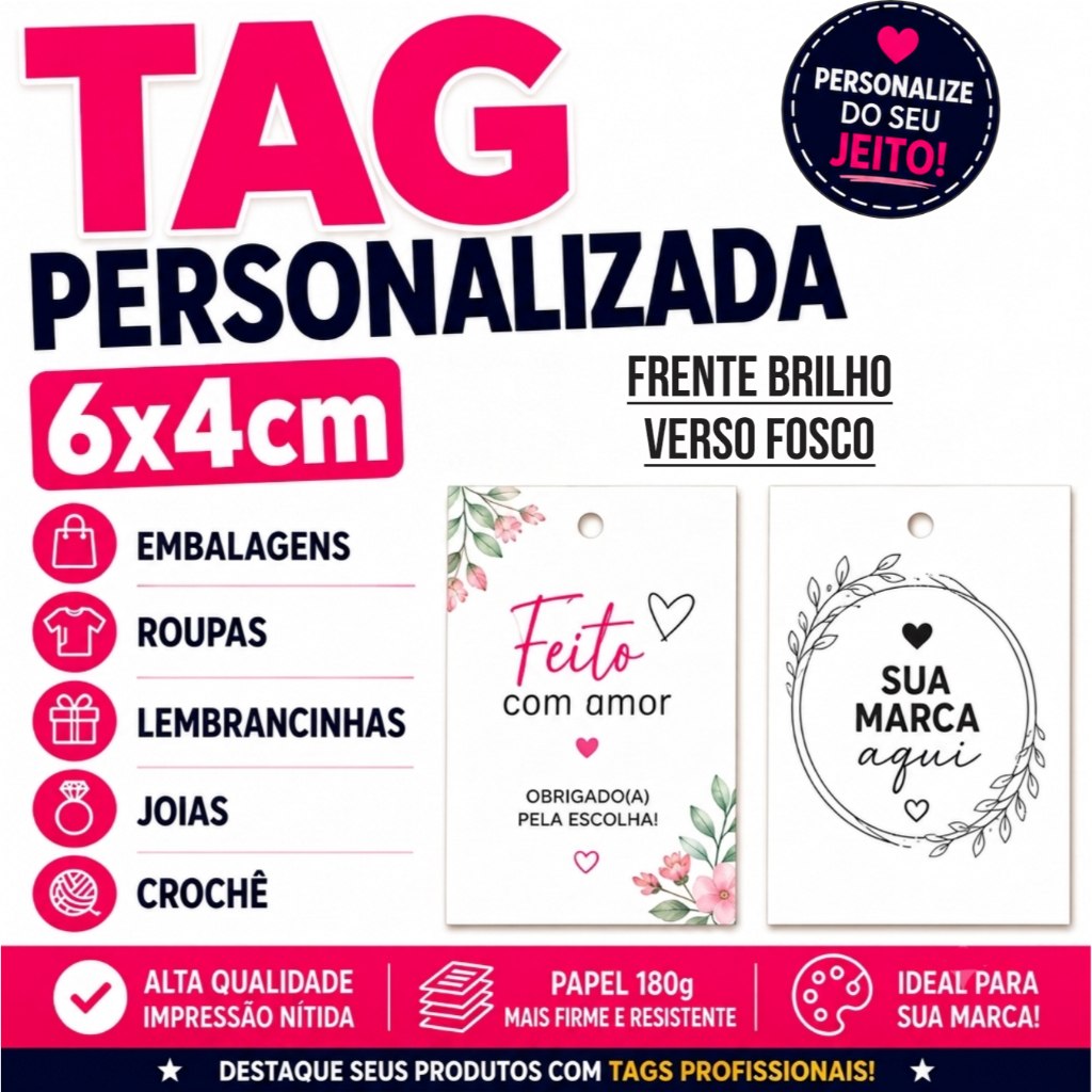 Tag Personalizada 6x4cm em Papel 180g | Para Roupas | Para Lembrancinhas | Para Joias | Para...