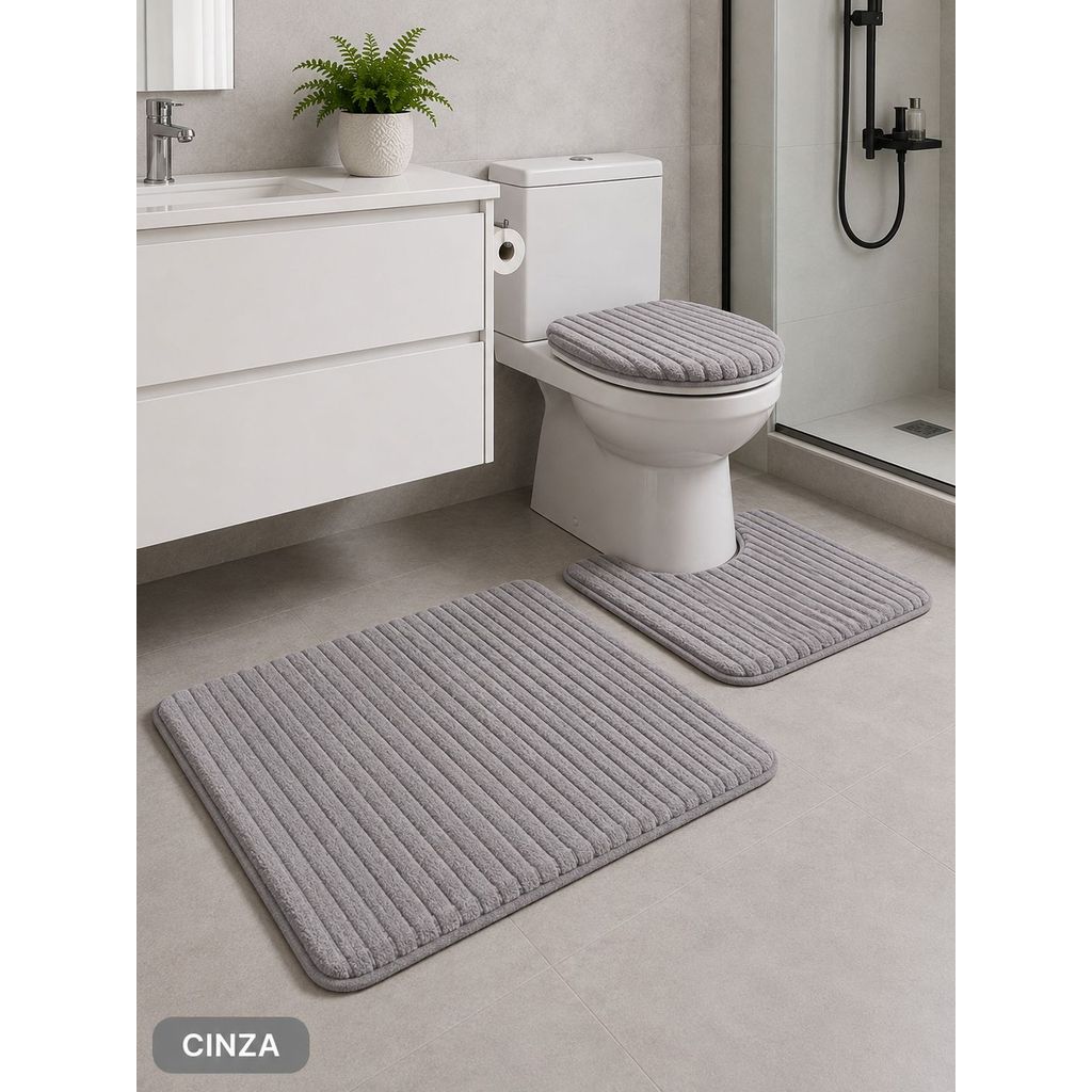 TAPETE PARA BANHEIRO CANELADO KIT COM 3 PEÇAS ANTIDERRAPANTE SUPER SOFT 3 PEÇAS ALGODÃO PELÚCIA