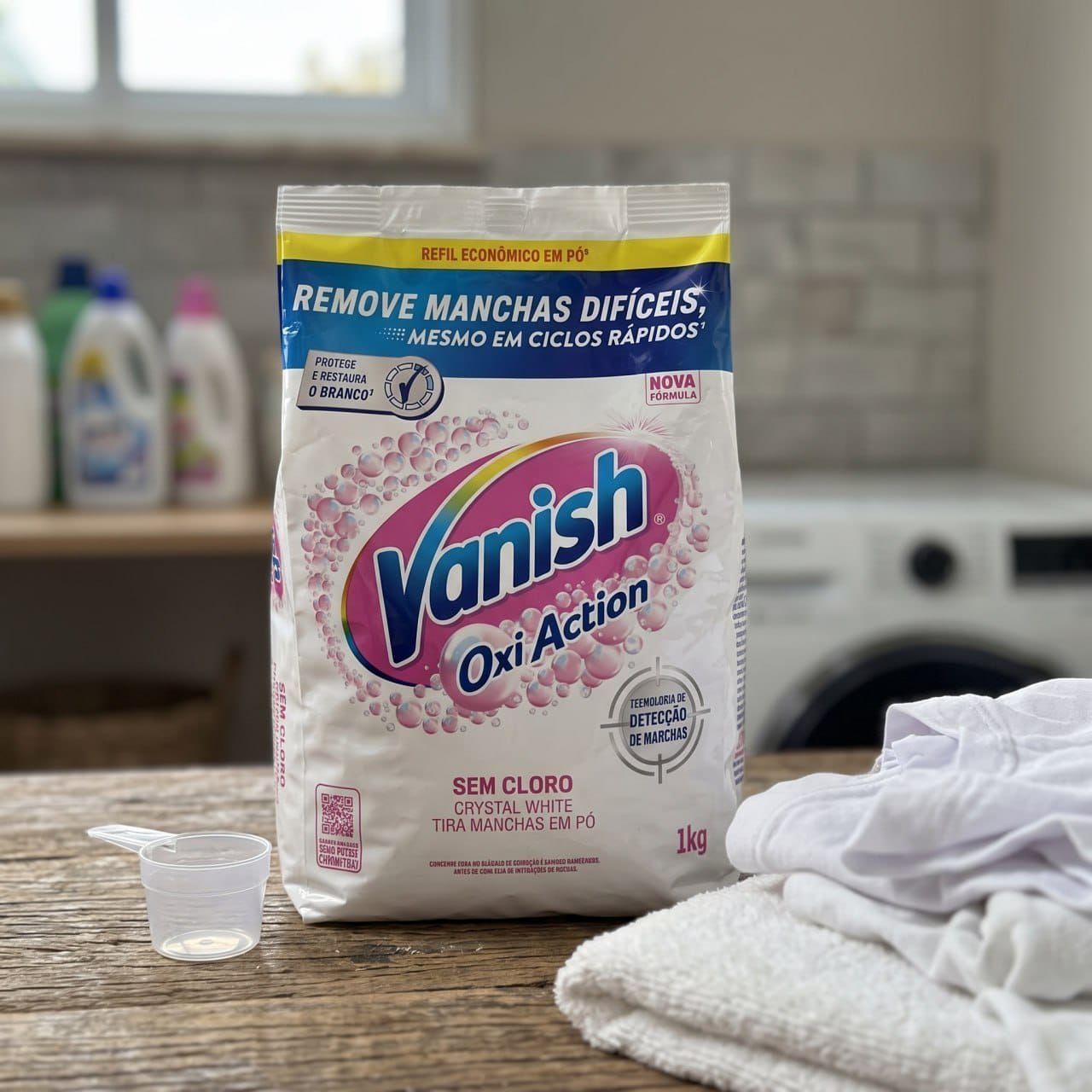 Tira Manchas em Pó Vanish Oxi Action Crystal White Refil 1kg para Roupas Brancas, Sem Cloro,...