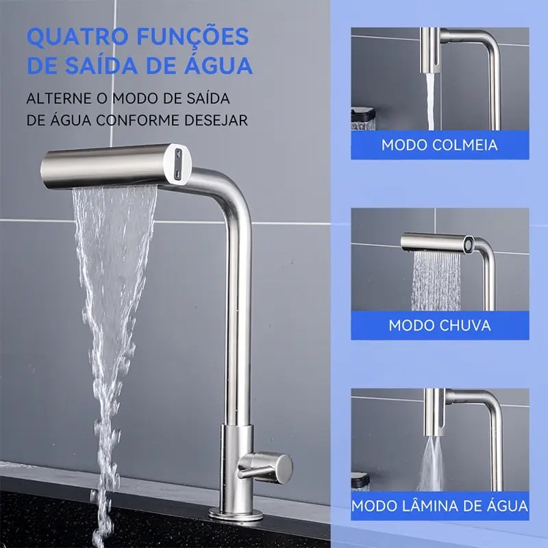 ➡️ Torneira Cozinha Bancada Inox 304 Água Fria Bica Alta Gourmet 4 Modos De Água Estilo Casc...