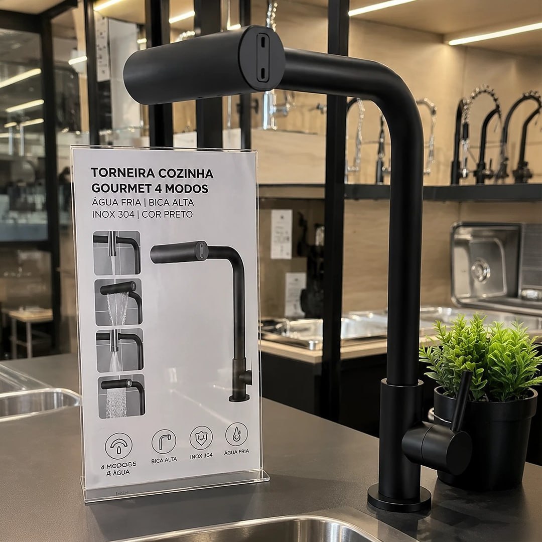 Torneira Cozinha Bancada Inox 304 Bica Alta 4 Modos De Água
