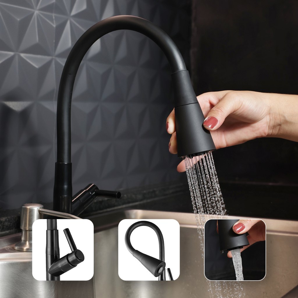 TORNEIRA GOURMET COZINHA BANCADA PRETA FLEXÍVEL 2 JATOS ABS PARA PIA MESA ÁREA GOURMET ALTA...