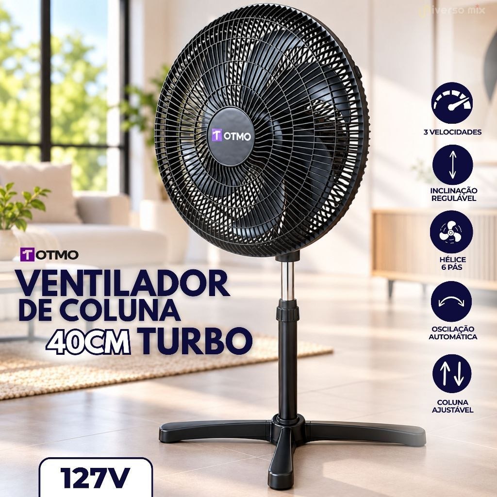⚠️ VENTILADOR DE COLUNA AJUSTÁVEL 40CM 6 PÁS 3 VELOCIDADES TURBO INCLINÁVEL 127V OTMO