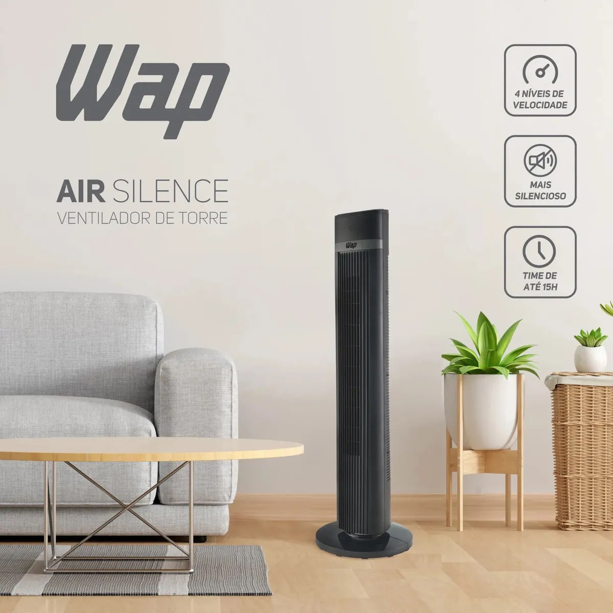 Ventilador de Torre WAP AIR SILENCE com 4 Ní­veis de Velocidade, Timer de até 15hrs e Deslig...