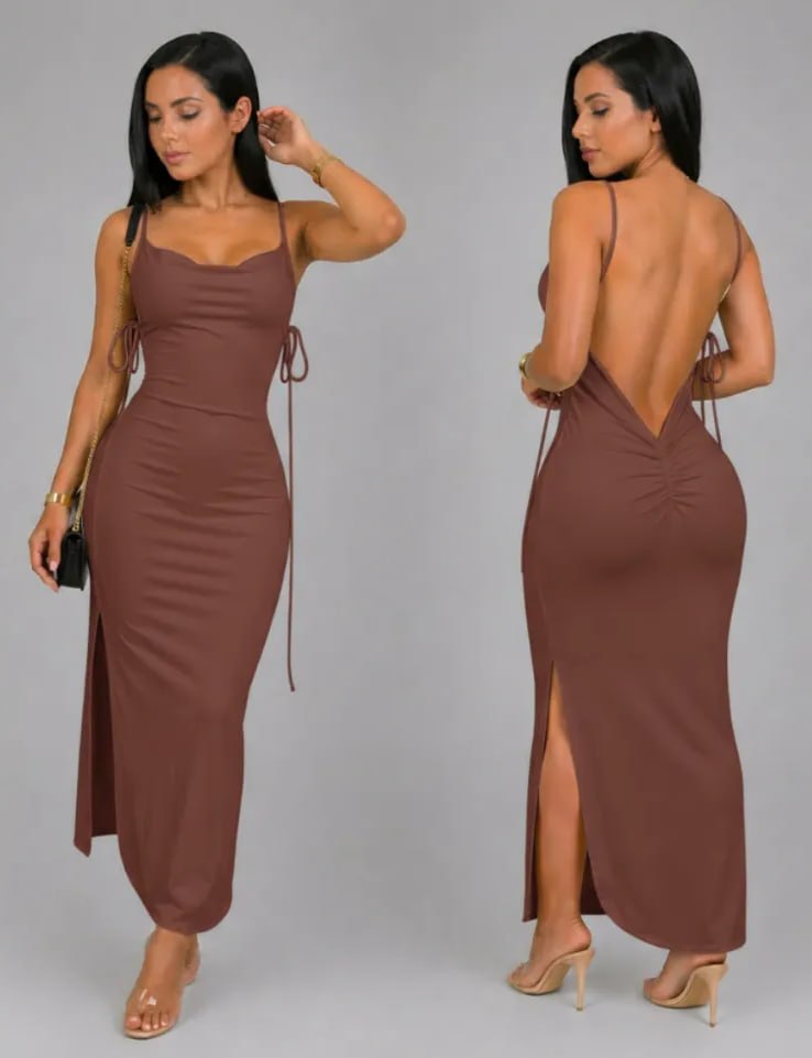Vestido Justo Longo Costas Nuas Fenda Lateral Colado Preto